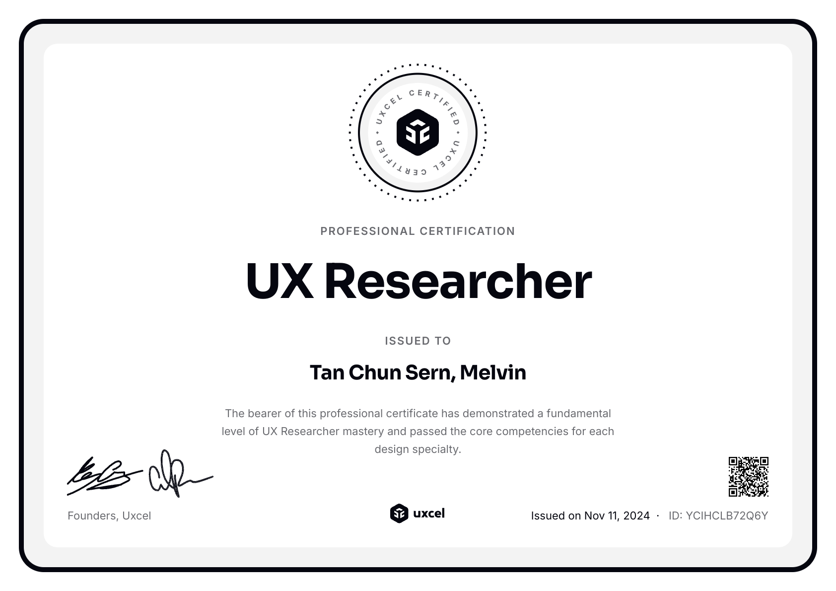 Tan Chun Sern, Melvin's certificate